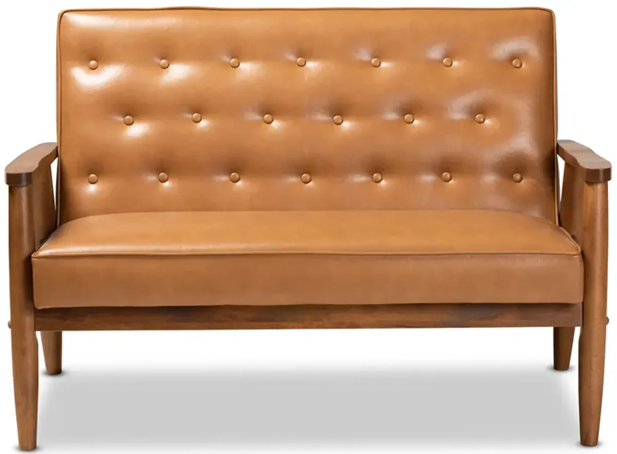 Baxton Studio Sorrento Mid-Century Modern Tan Faux Leather Upholstered and Walnut Brown Finished Wood Loveseat