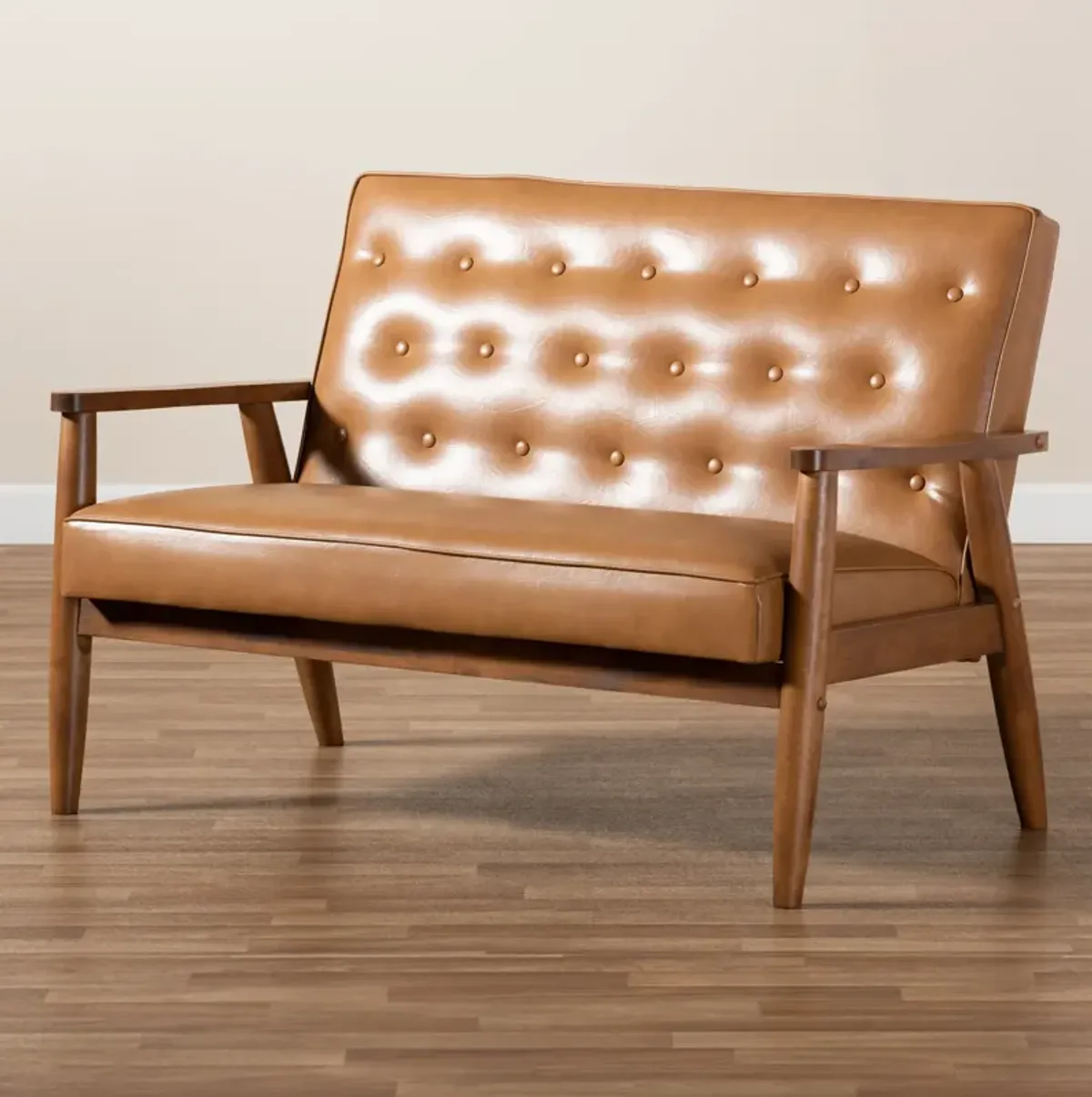 Baxton Studio Sorrento Mid-Century Modern Tan Faux Leather Upholstered and Walnut Brown Finished Wood Loveseat