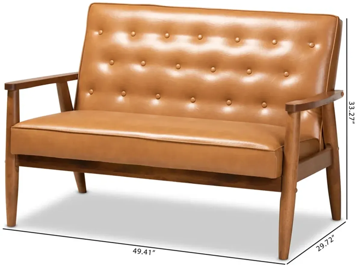 Baxton Studio Sorrento Mid-Century Modern Tan Faux Leather Upholstered and Walnut Brown Finished Wood Loveseat