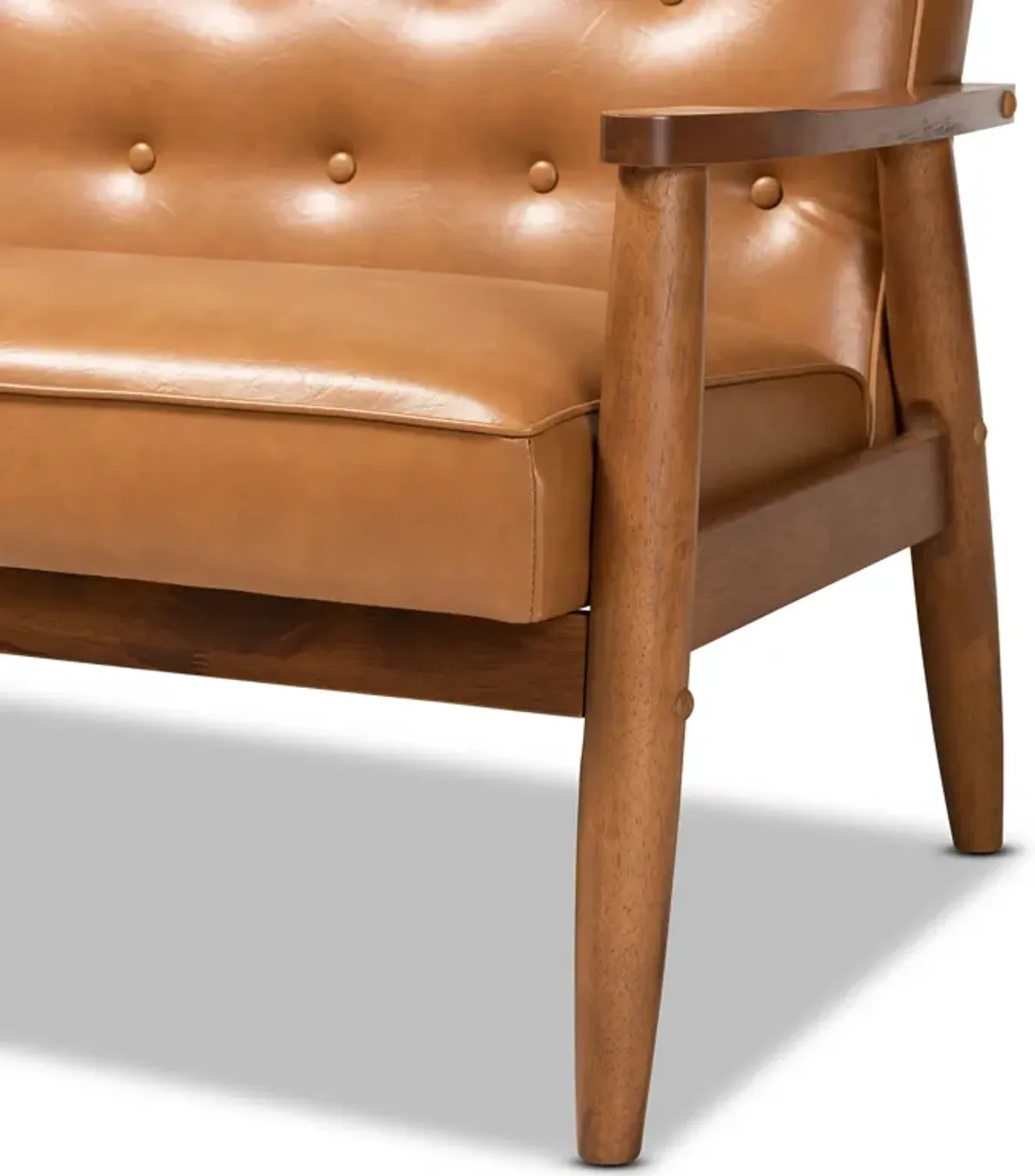 Baxton Studio Sorrento Mid-Century Modern Tan Faux Leather Upholstered and Walnut Brown Finished Wood Loveseat