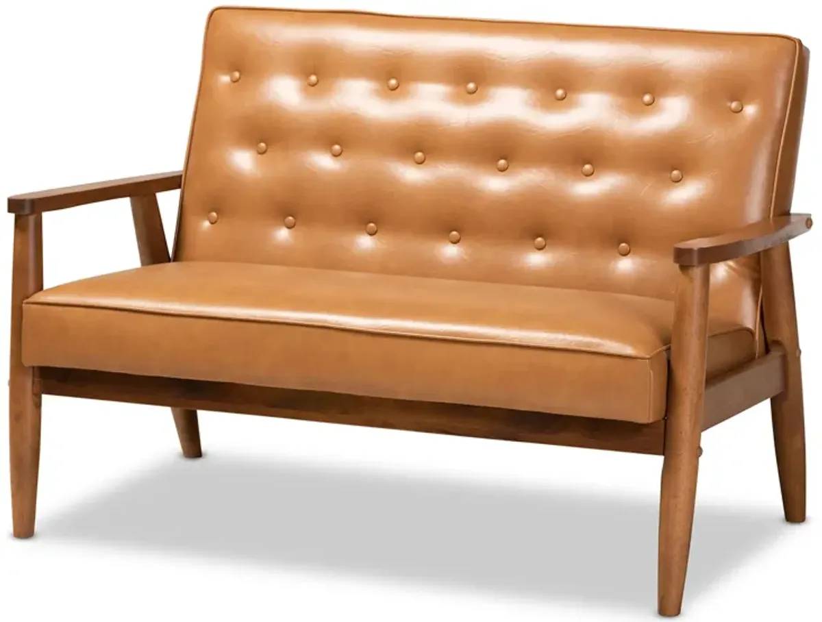 Baxton Studio Sorrento Mid-Century Modern Tan Faux Leather Upholstered and Walnut Brown Finished Wood Loveseat