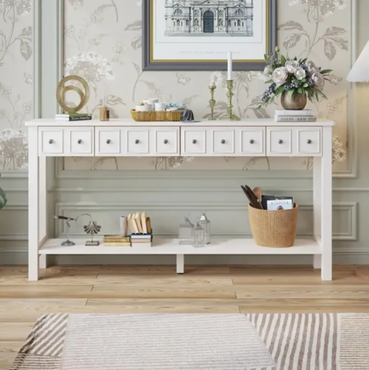 Long Console Table Entryway Table with Multiple Drawers and Bottom Shelf for Storage and Display