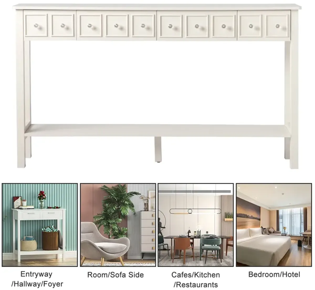 Long Console Table Entryway Table with Multiple Drawers and Bottom Shelf for Storage and Display