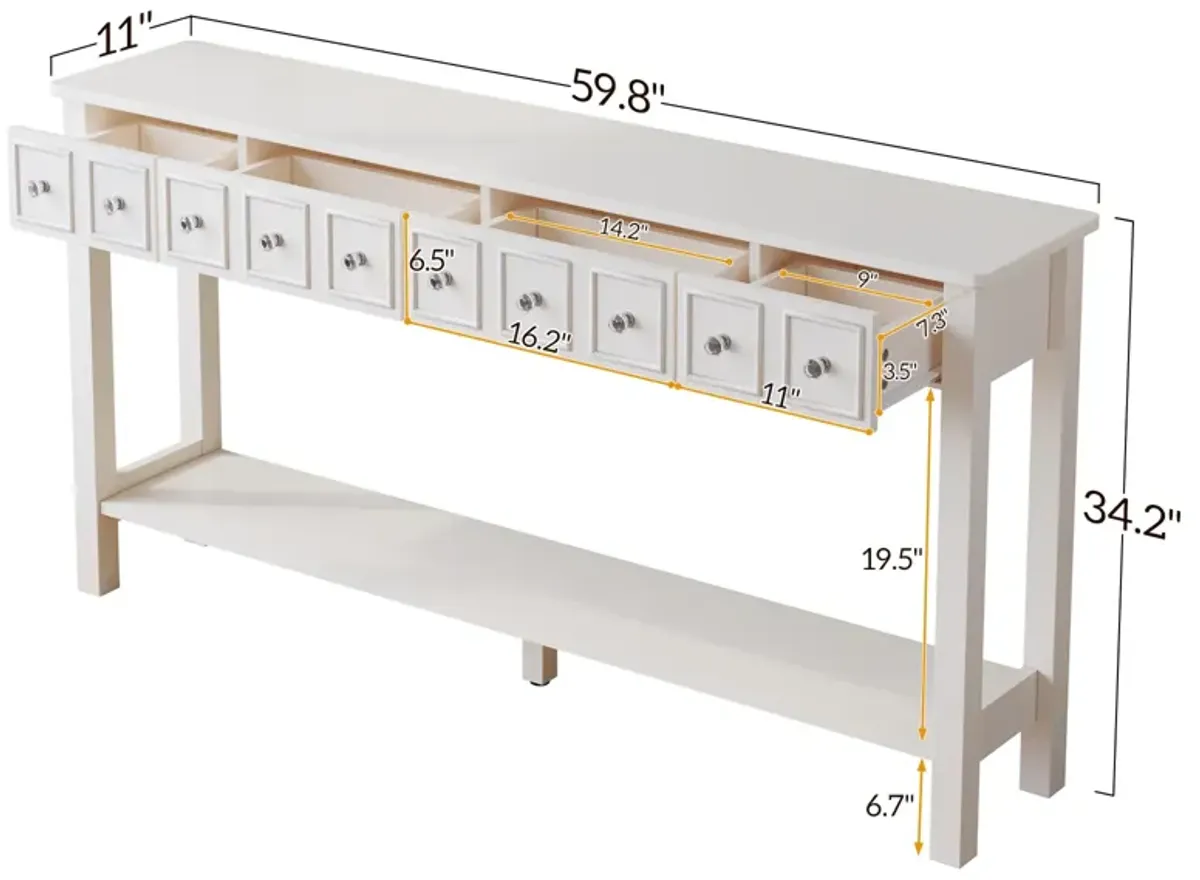 Long Console Table Entryway Table with Multiple Drawers and Bottom Shelf for Storage and Display