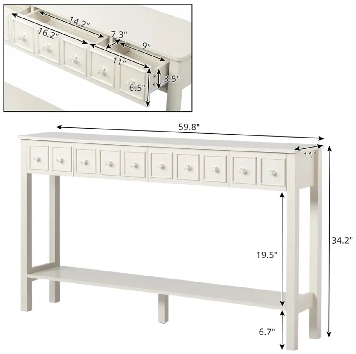 Long Console Table Entryway Table with Multiple Drawers and Bottom Shelf for Storage and Display