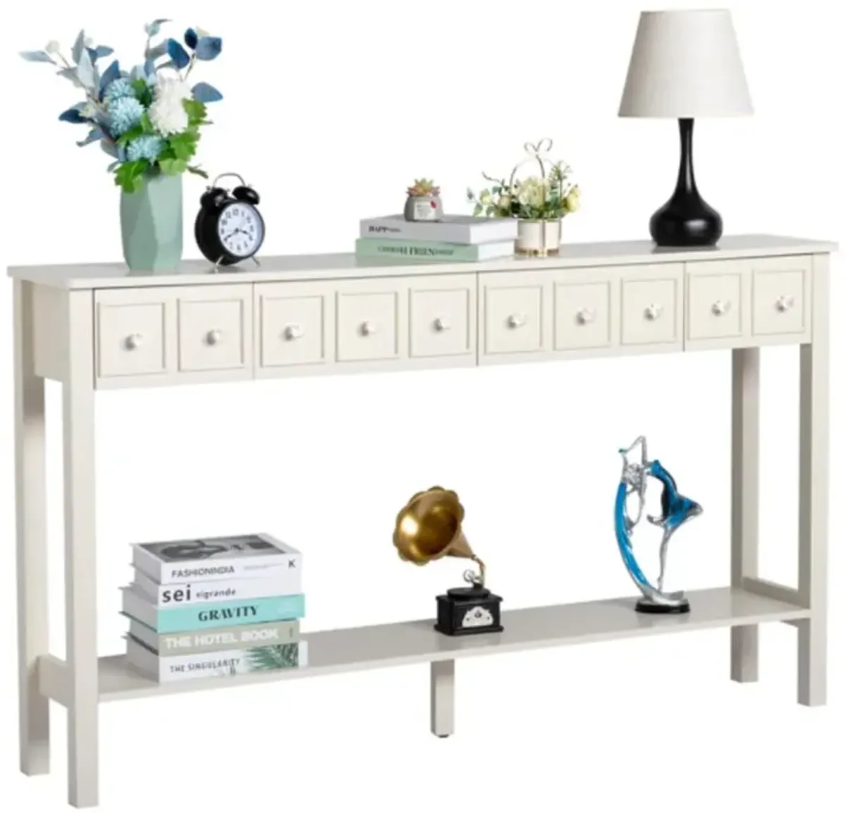 Long Console Table Entryway Table with Multiple Drawers and Bottom Shelf for Storage and Display