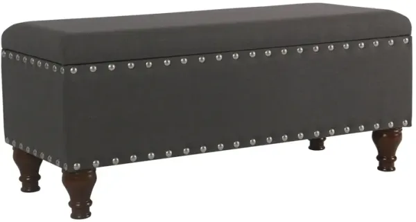 Fabric Upholstered Wooden Storage Bench With Nail head Trim, Large, Dark Gray and Brown - Benzara