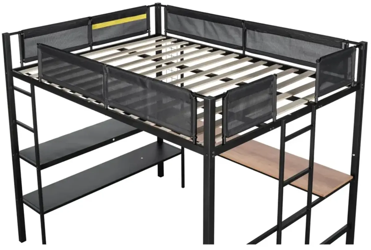 Sturdy Metal Loft Bed with Desk & Shelves