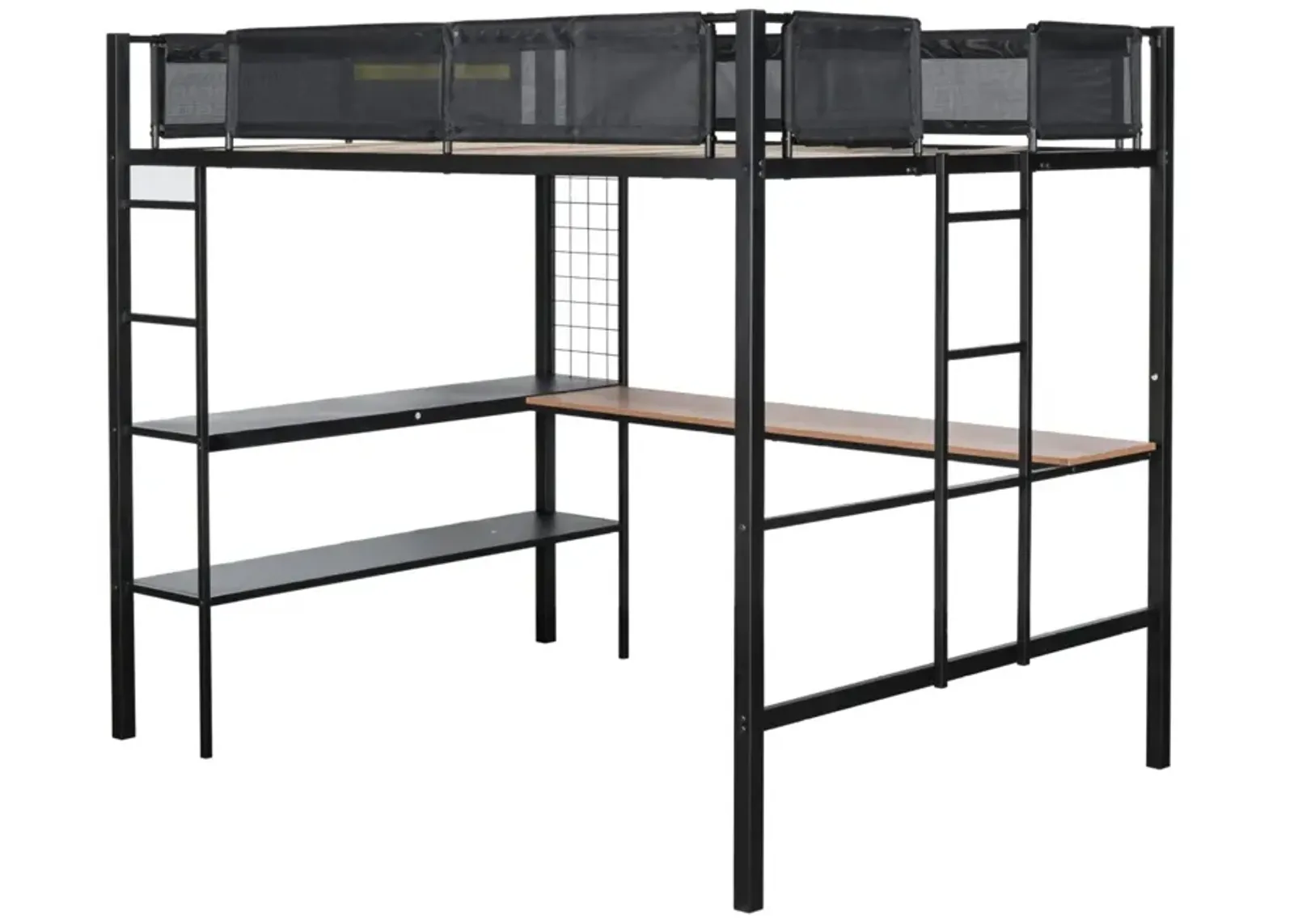 Sturdy Metal Loft Bed with Desk & Shelves