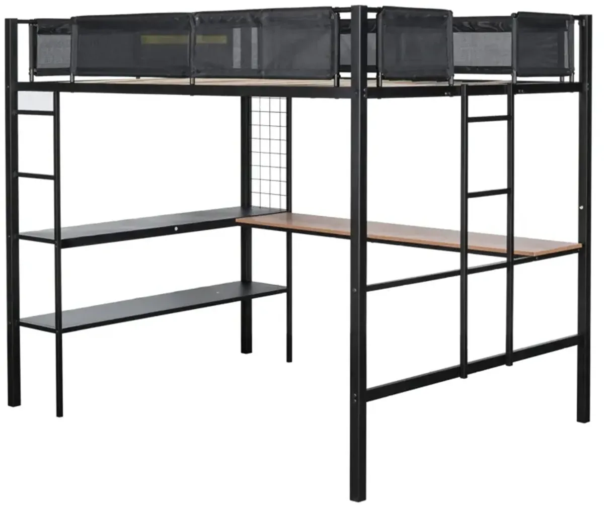 Sturdy Metal Loft Bed with Desk & Shelves