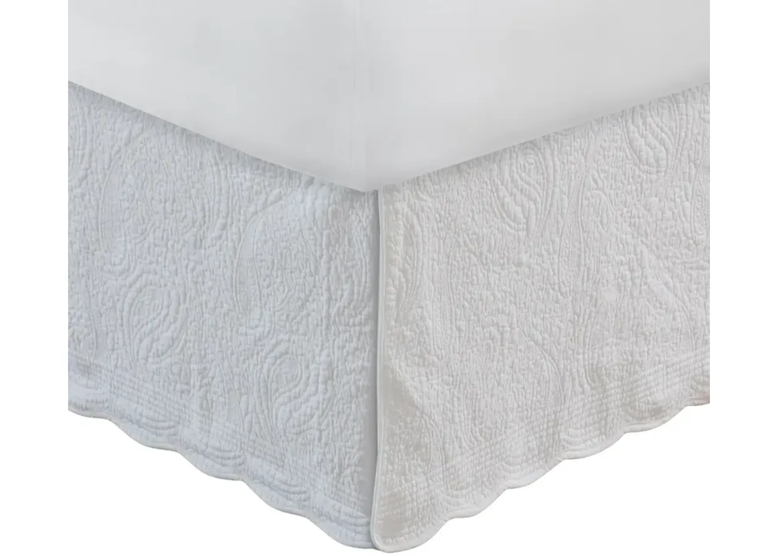 Muka Paisley Quilted Full Bed Skirt, Cotton Drop, Polyester Platform, White - Benzara