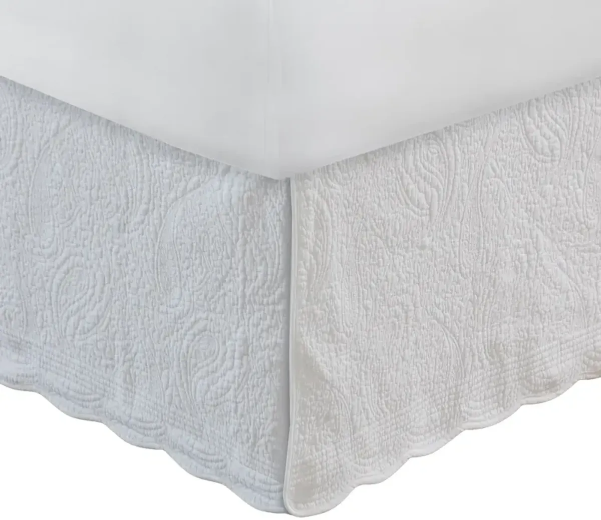 Muka Paisley Quilted Full Bed Skirt, Cotton Drop, Polyester Platform, White - Benzara