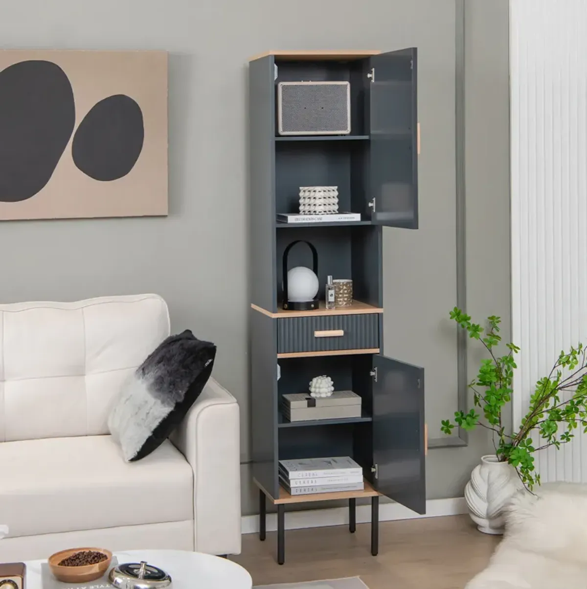 Narrow Freestanding Storage Cabinet – Linen Organizer with Doors and Bottom Drawer