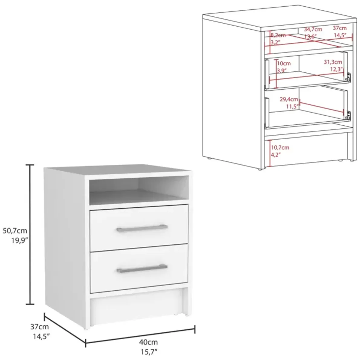 Eter Nightstand, Superior Top, Two Drawers - White