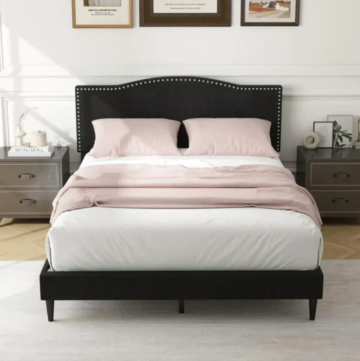 Hivvago Queen Size Upholstered Bed Frame with Nailhead Trim Headboard