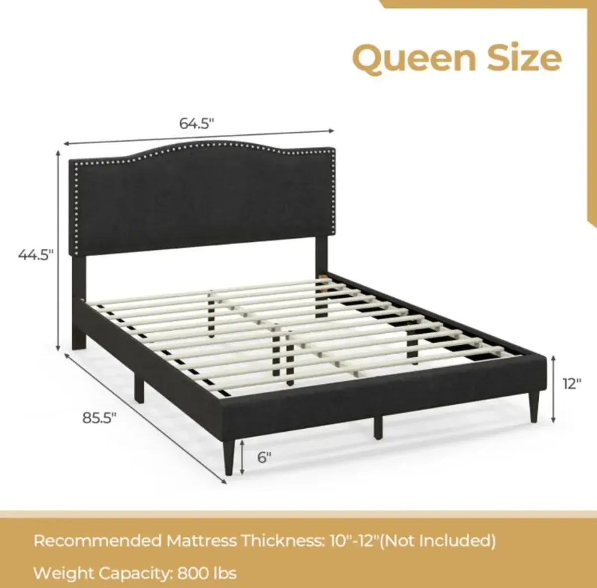 Hivvago Queen Size Upholstered Bed Frame with Nailhead Trim Headboard