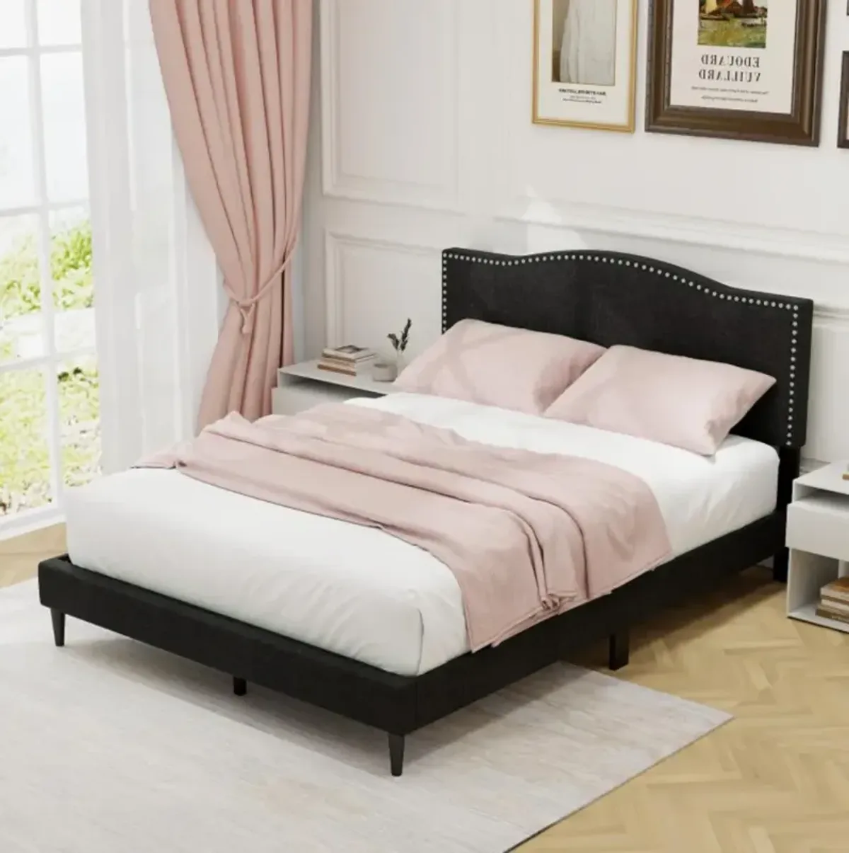 Hivvago Queen Size Upholstered Bed Frame with Nailhead Trim Headboard