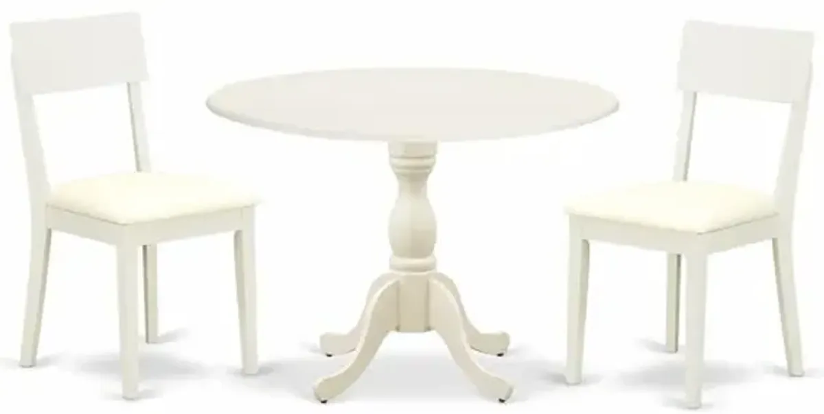 East West Furniture DMAD3-LWH-C 3 Piece Dinette Set Consists of 1 Drop Leaves Modern Dining Room Table and 2 Linen White Faux Leather Dining Room Chairs with Ladder Back - Linen White Finish