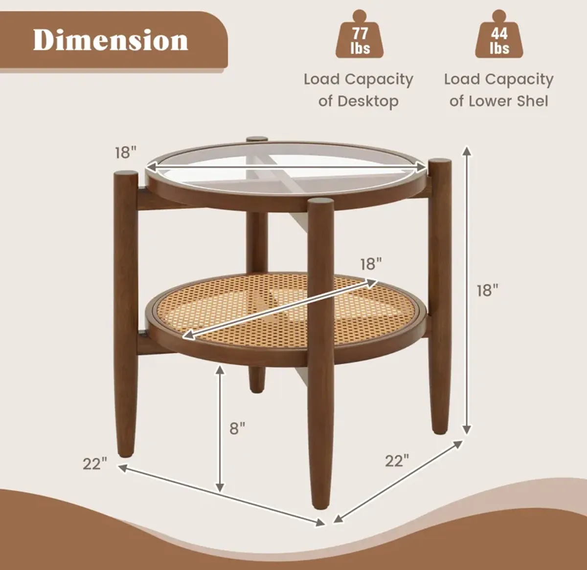 Rattan Round Side End Table with Tempered Glass Tabletop