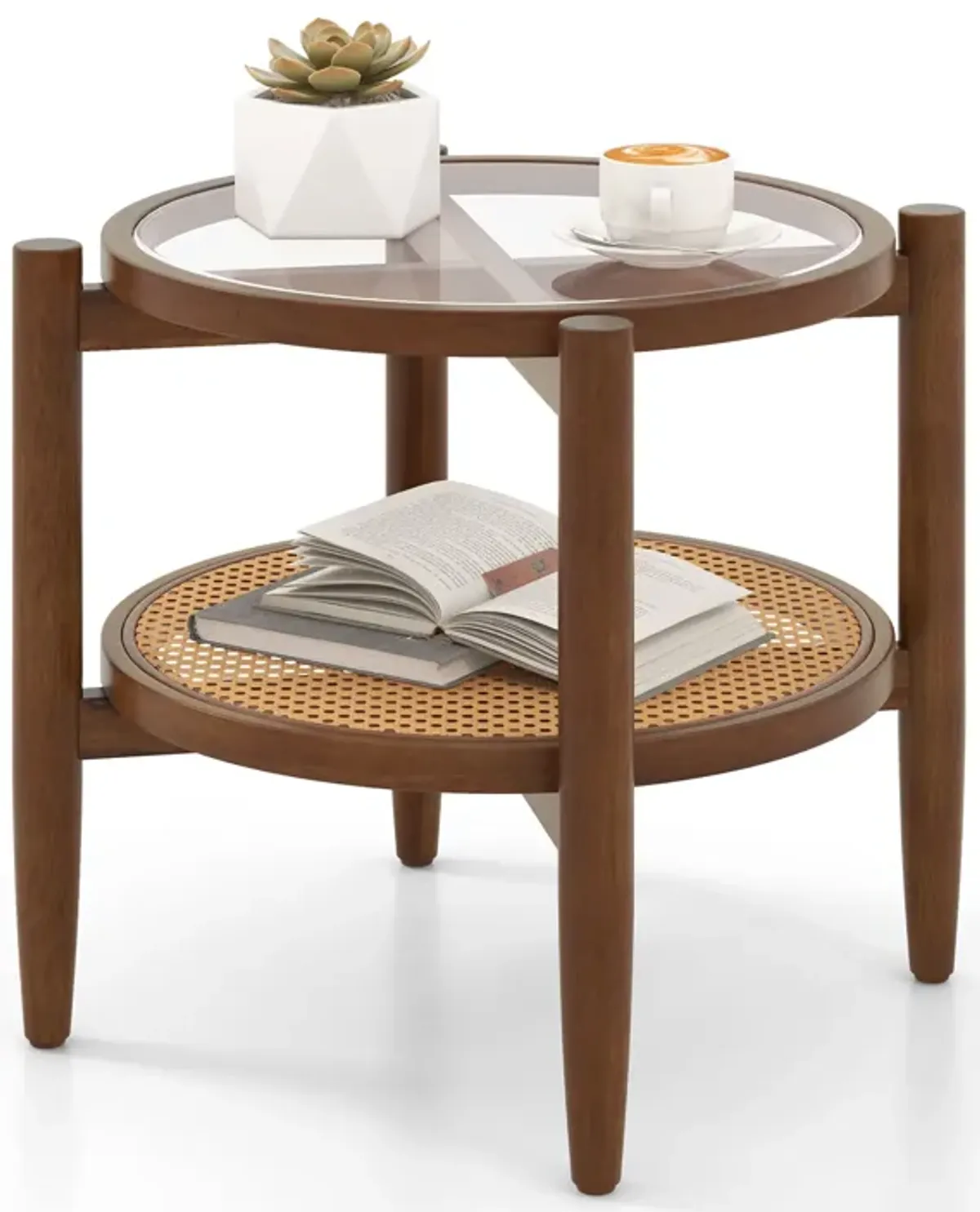 Rattan Round Side End Table with Tempered Glass Tabletop