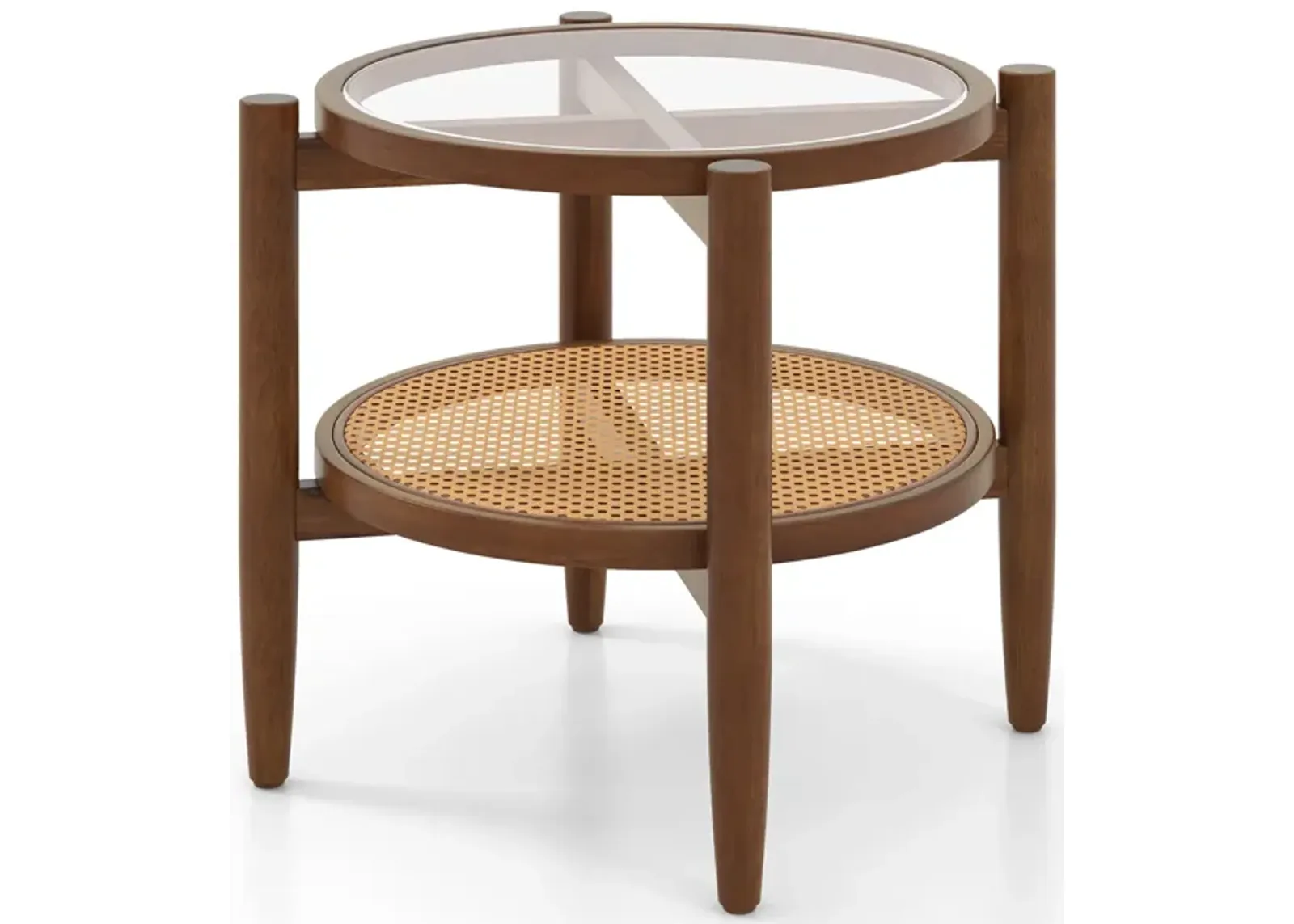 Rattan Round Side End Table with Tempered Glass Tabletop