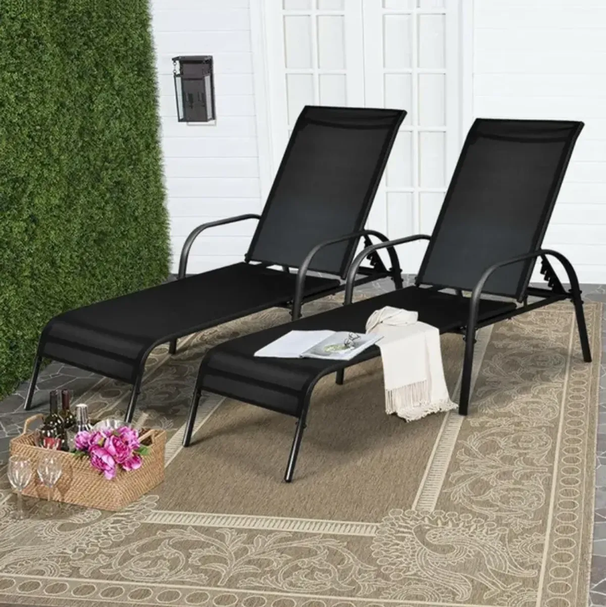 Hivvago 2 Pieces Outdoor Patio Lounge Chair Chaise Fabric with Adjustable Reclining Armrest