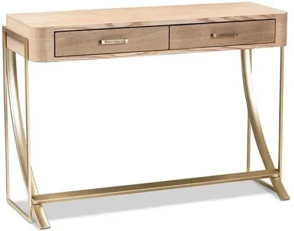Natural Brown Finished Wood and Gold Finished 2-Drawer Console Table