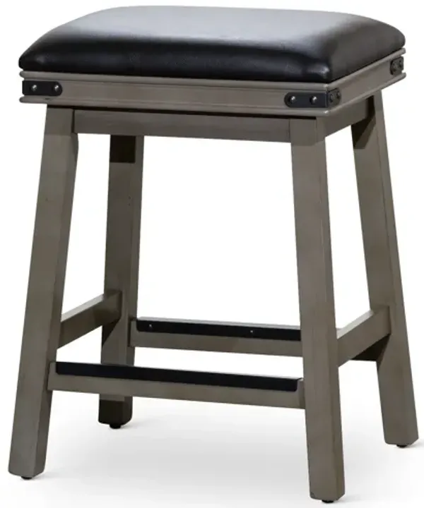 Nio 24 Inch Counter Stool, Saddle Black Bonded Leather, Weathered Gray - Benzara
