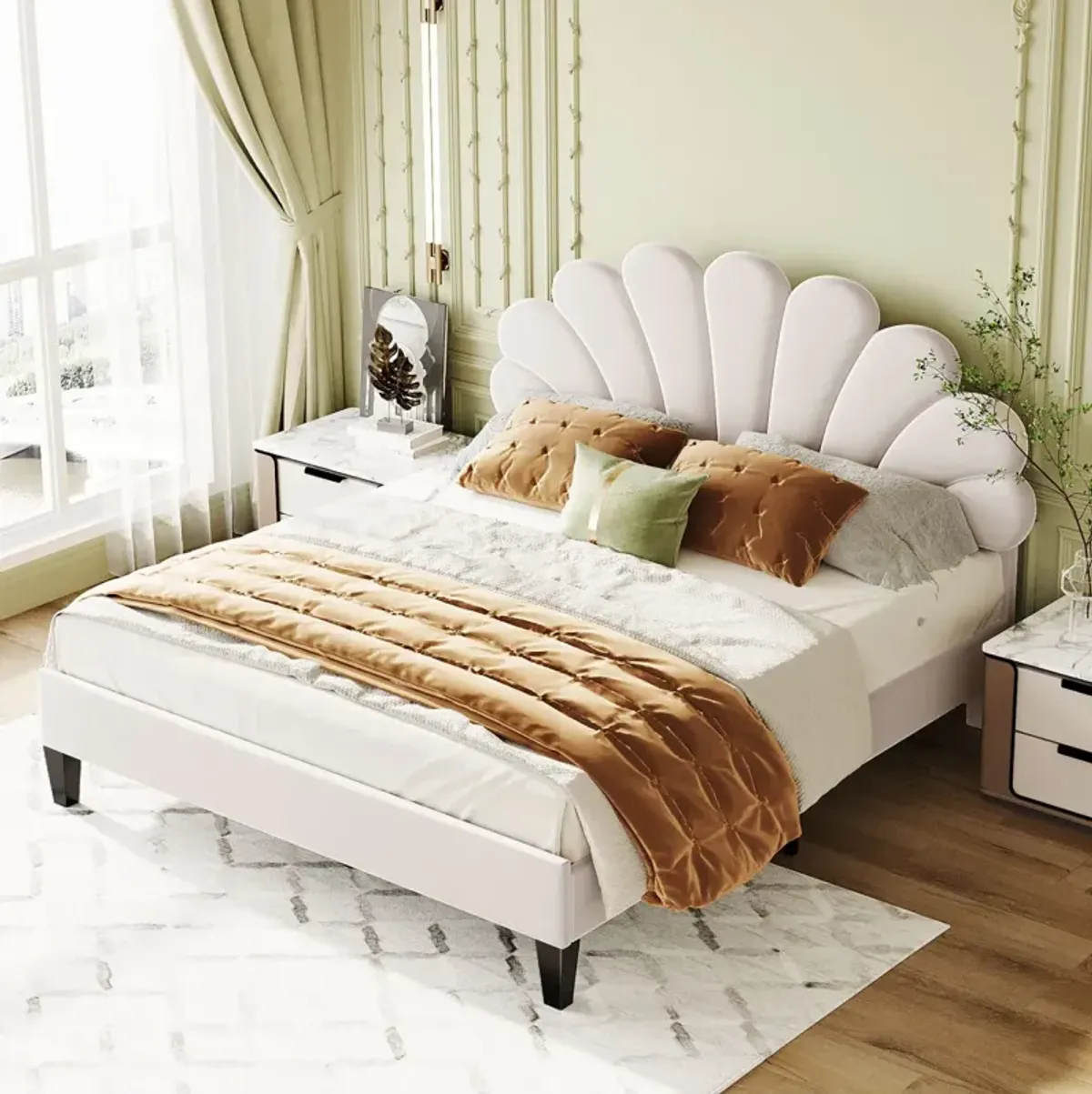 Queen Size Upholstered Platform Bed With Flower Pattern Velvet Headboard