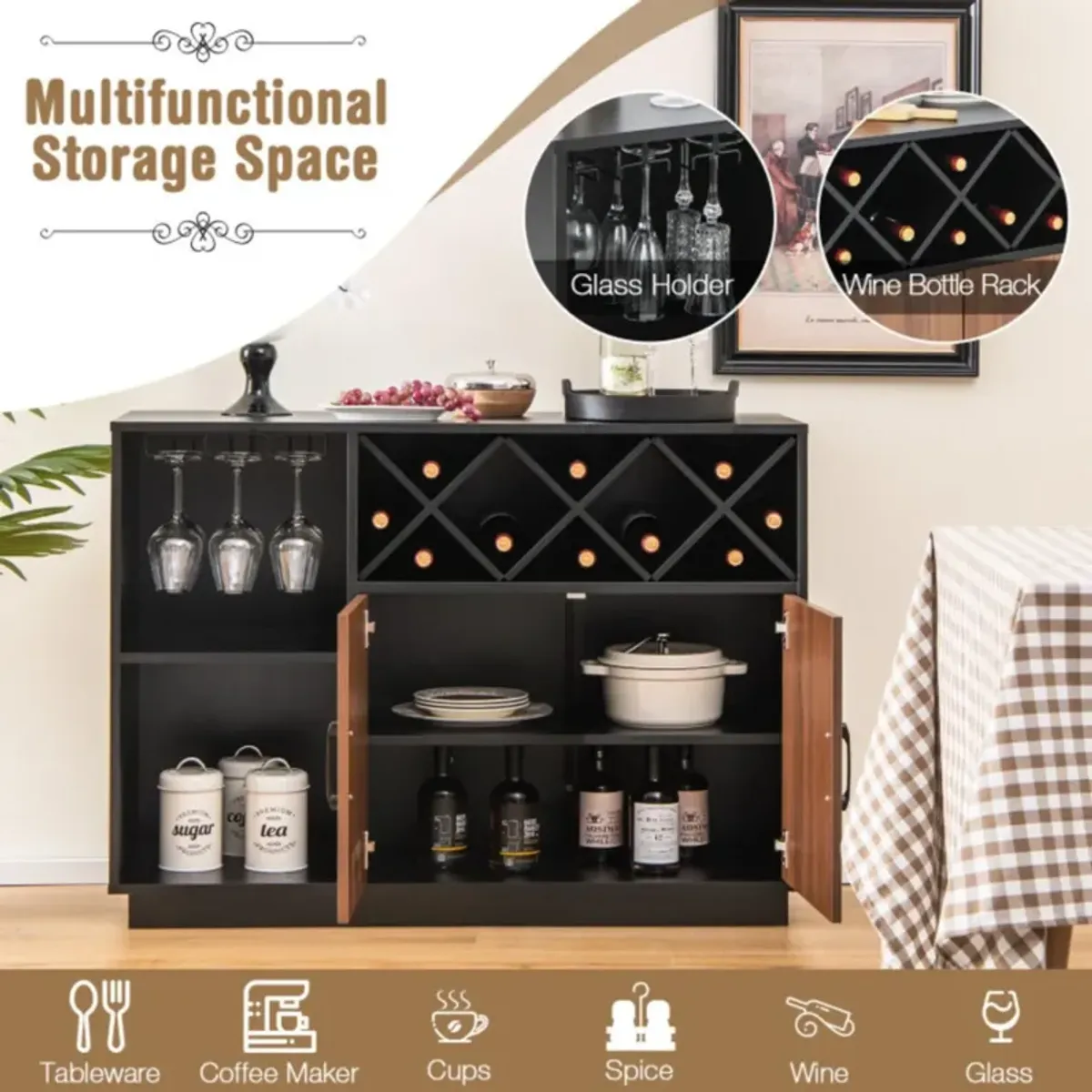 Hivvago Industrial Sideboard Cabinet with Removable Wine Rack and Glass Holder