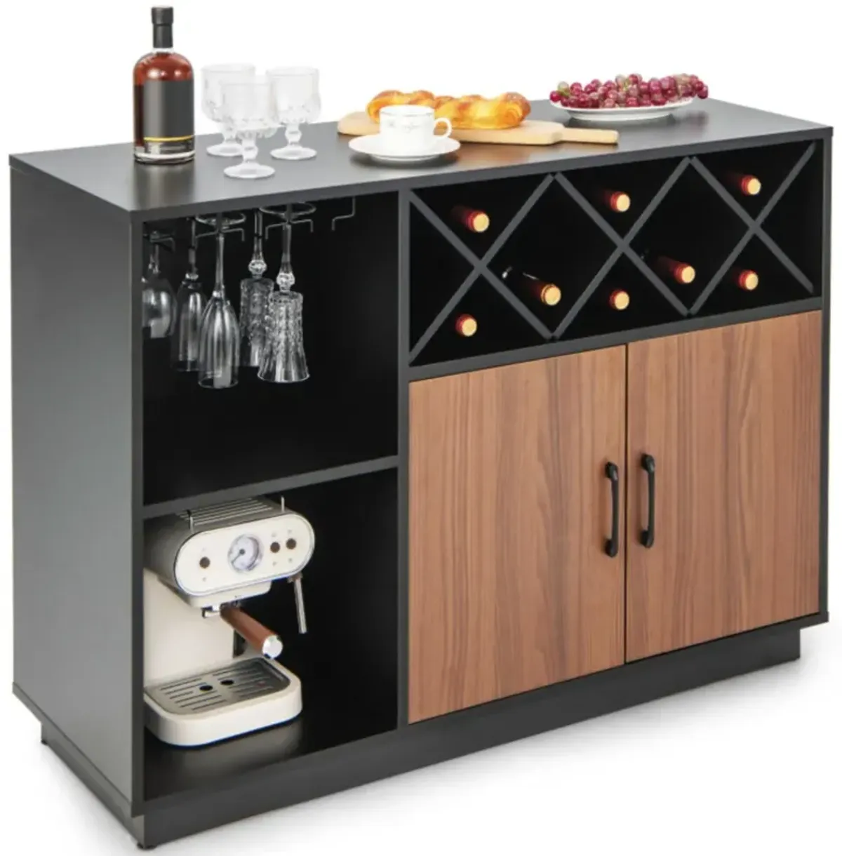 Hivvago Industrial Sideboard Cabinet with Removable Wine Rack and Glass Holder