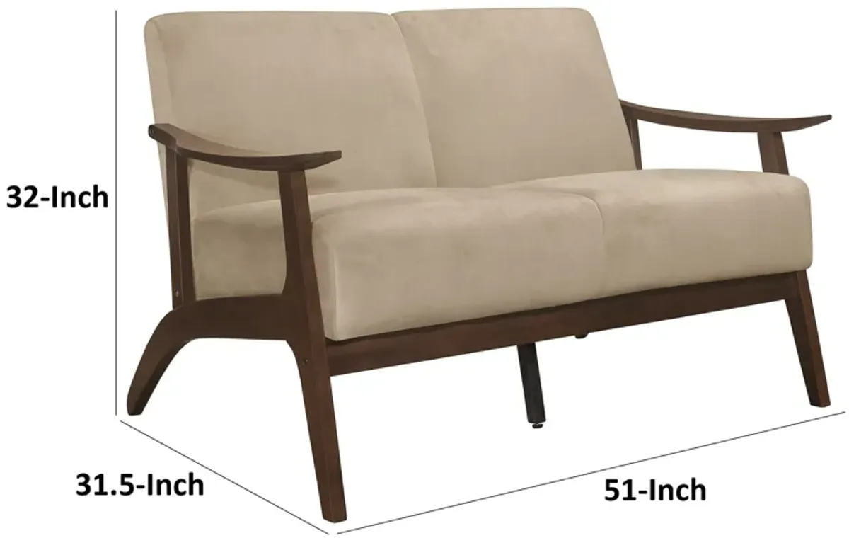 Rica 51 Inch Loveseat, Curved, Soft Beige Velvet, Walnut Brown Solid Wood - Benzara