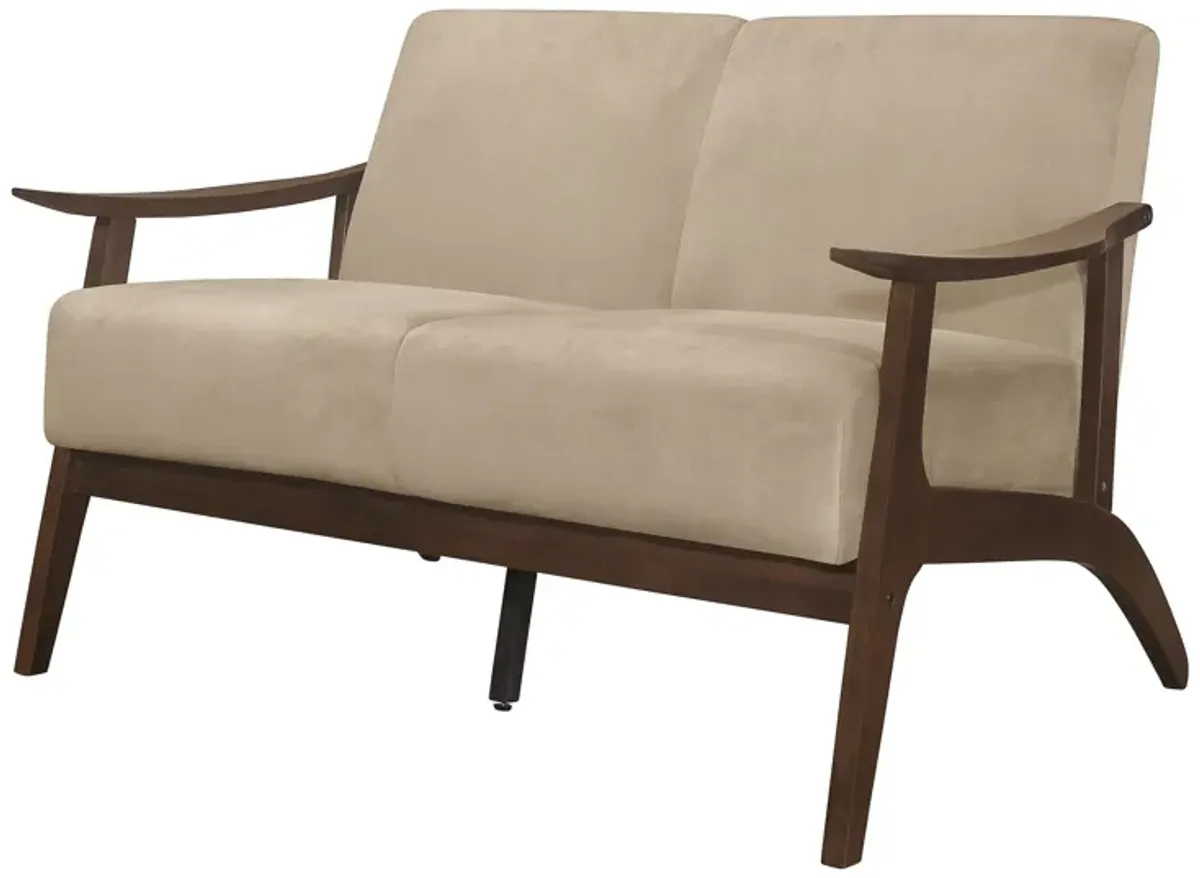 Rica 51 Inch Loveseat, Curved, Soft Beige Velvet, Walnut Brown Solid Wood - Benzara