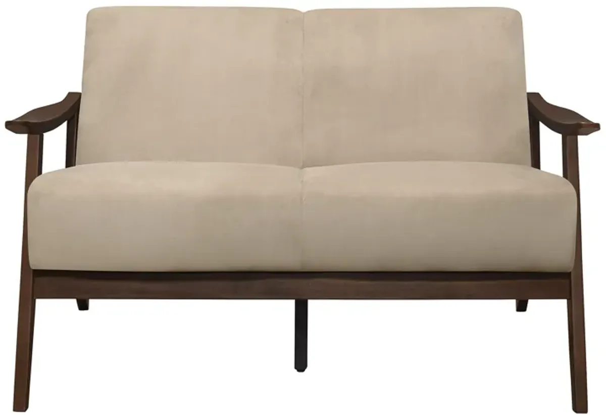 Rica 51 Inch Loveseat, Curved, Soft Beige Velvet, Walnut Brown Solid Wood - Benzara