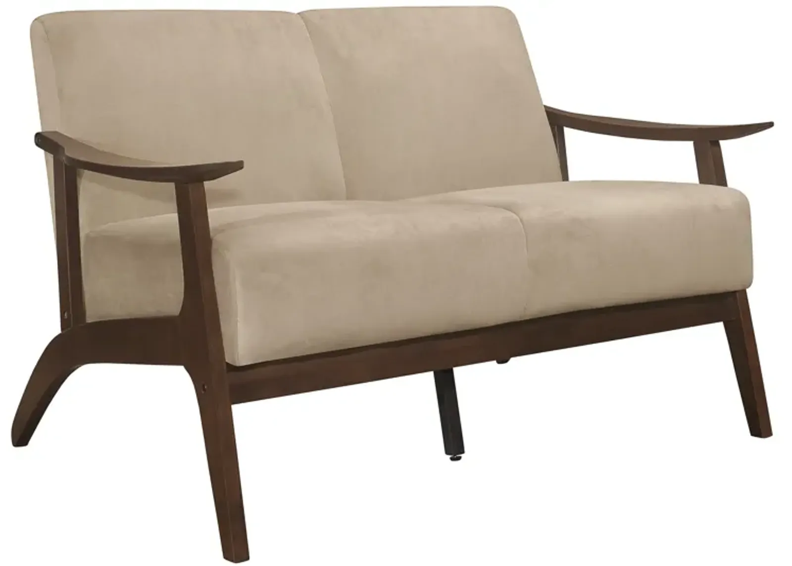 Rica 51 Inch Loveseat, Curved, Soft Beige Velvet, Walnut Brown Solid Wood - Benzara