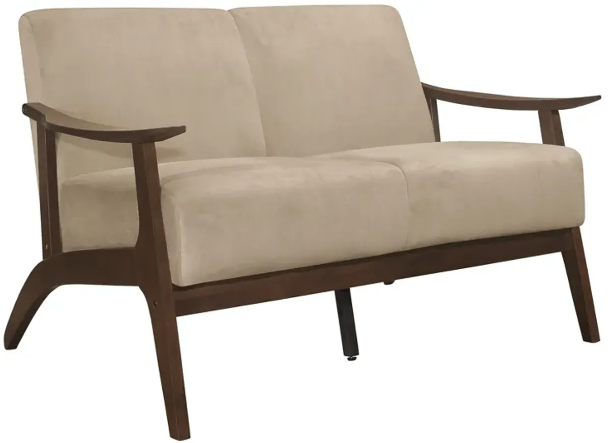 Rica 51 Inch Loveseat, Curved, Soft Beige Velvet, Walnut Brown Solid Wood - Benzara