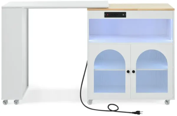 Rolling Kitchen Island With Extended Table, Kitchen island on Wheels with LED Lights,Power Outlets and 2 Fluted Glass Doors, Kitchen Island with a Storage Compartment and Side 3 Open Shelves