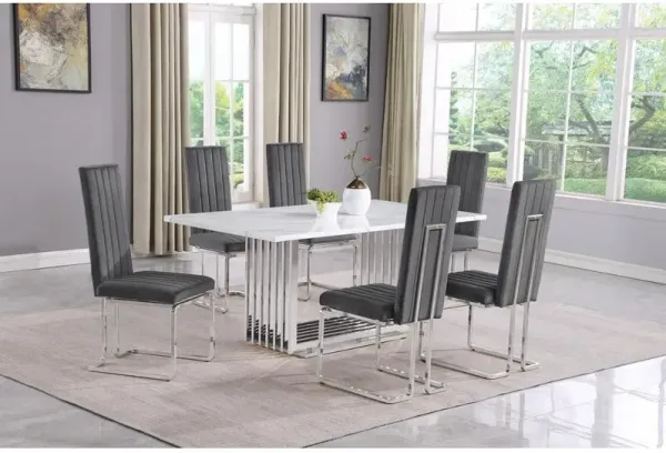 7pc Small(68") marble top dining set with silver base and 6 Dark grey chairs