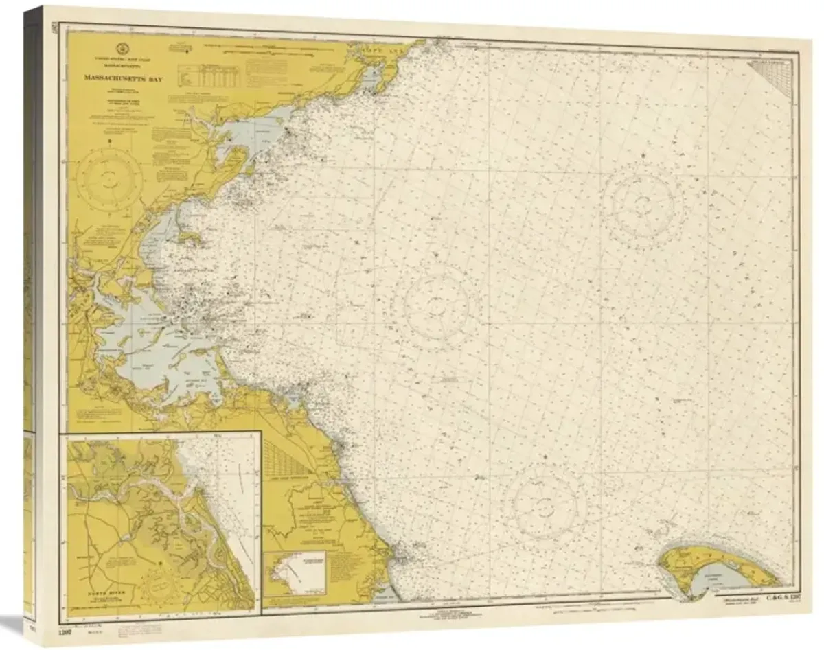 Nautical Chart - Massachusetts Bay ca. 1970 - Sepia Tinted-Canvas Art-36x28.8