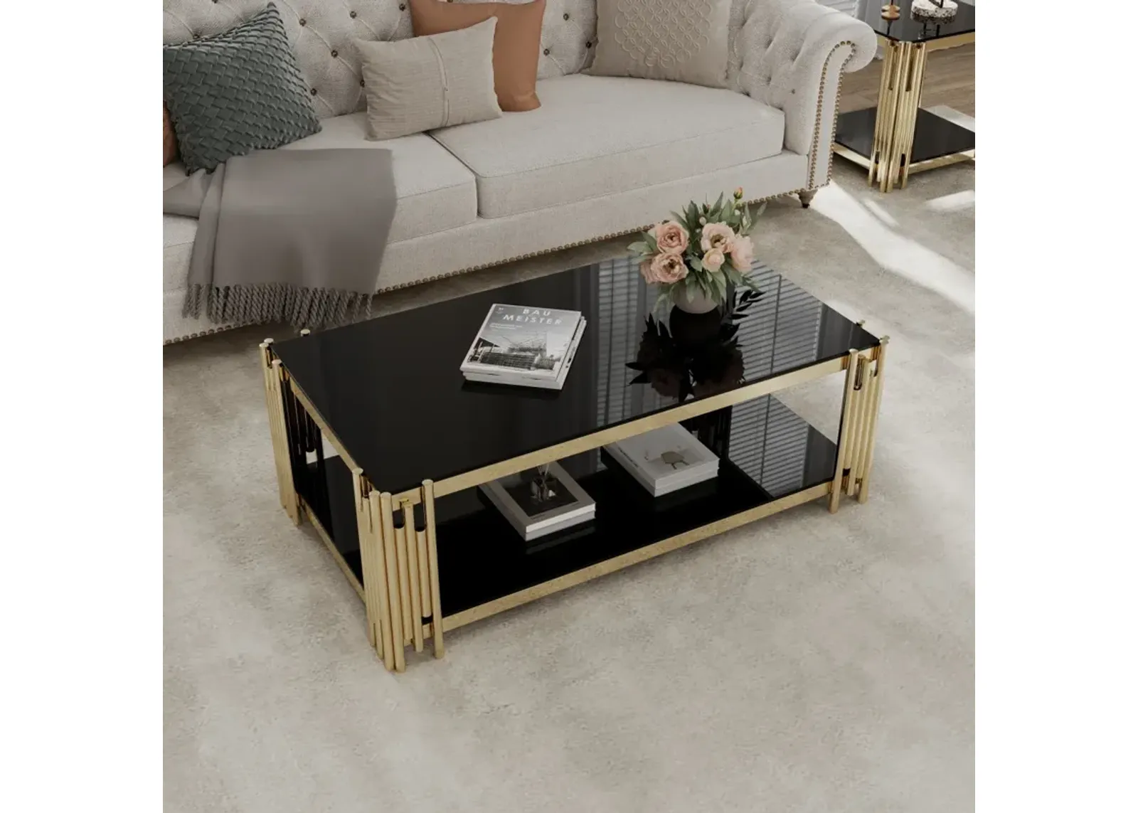 Golden Stainless Steel Double Layer Coffee Table With Black Glass Top