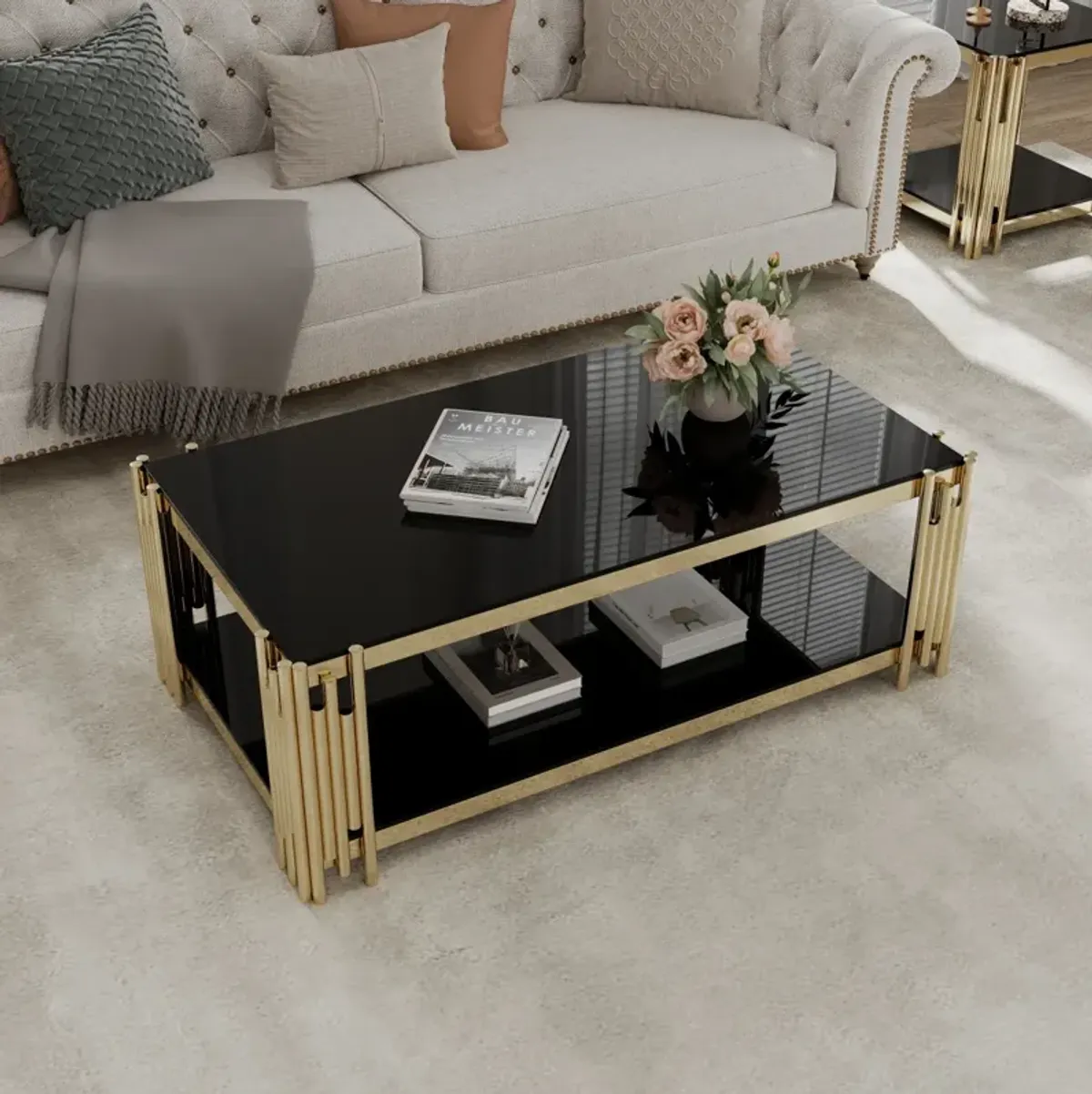 Golden Stainless Steel Double Layer Coffee Table With Black Glass Top