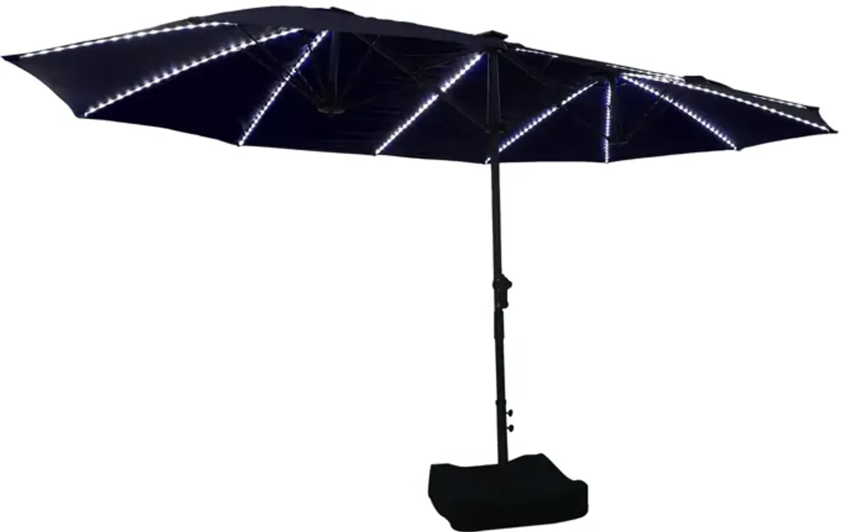 MONDAWE 15ft Twin Double-Sided Solar LED Patio Market Umbrella with Included Base Stand