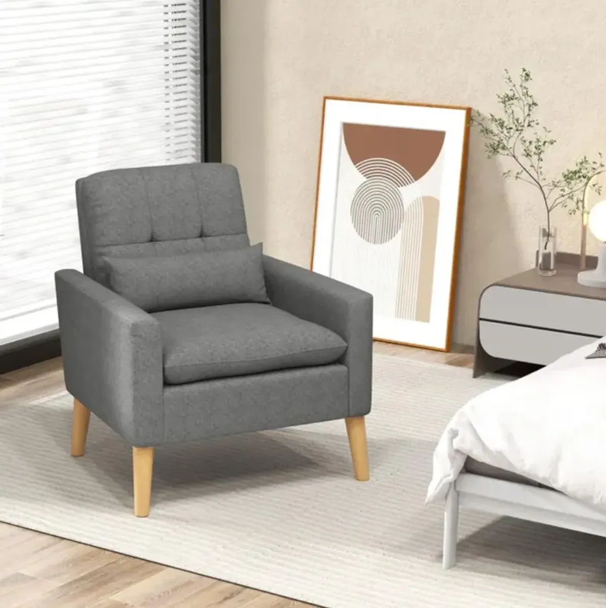 Hivvago Accent Chair with Lumbar Pillow  Natural Rubber Wood Legs  Padded Cushions