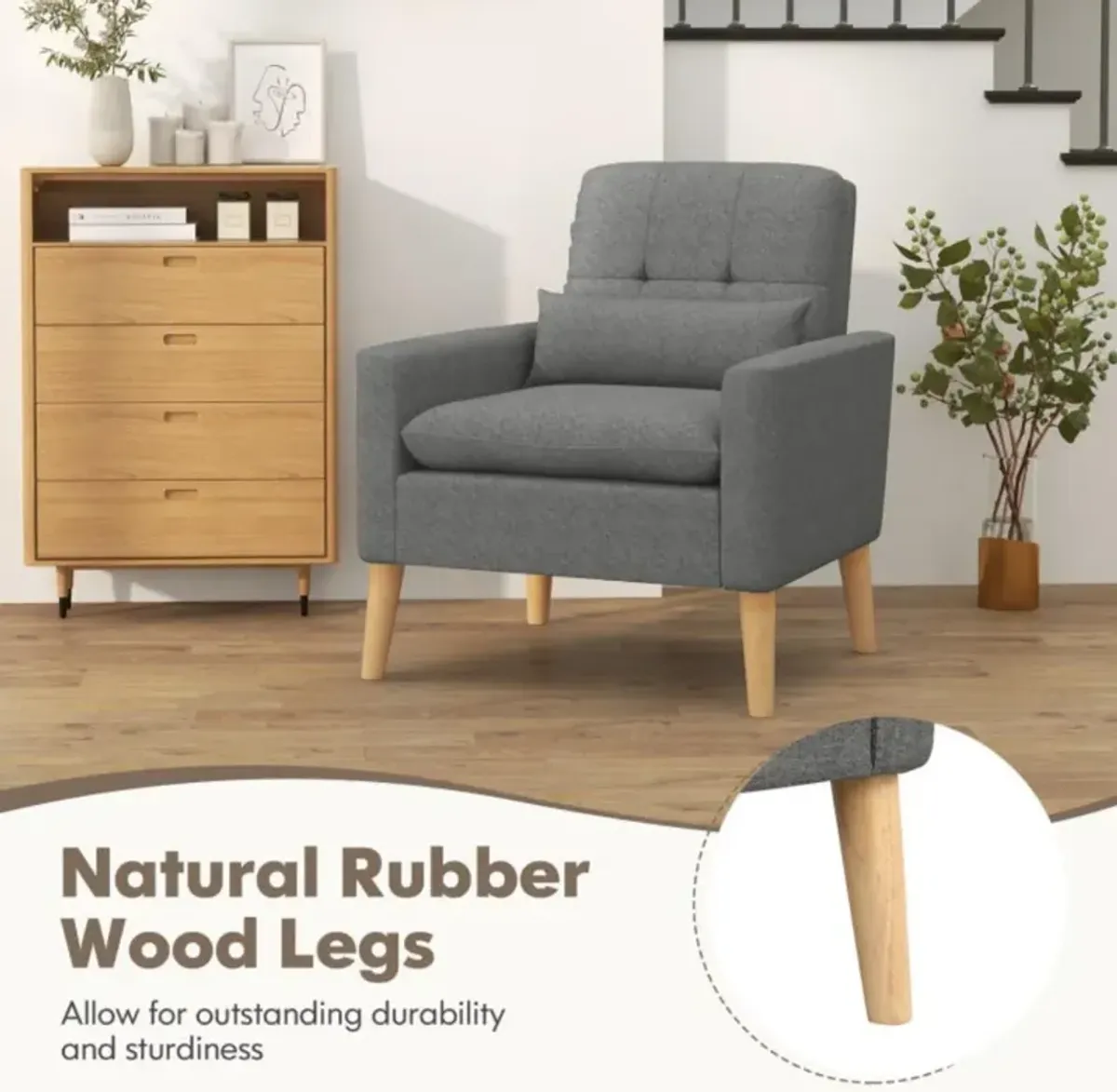 Hivvago Accent Chair with Lumbar Pillow  Natural Rubber Wood Legs  Padded Cushions