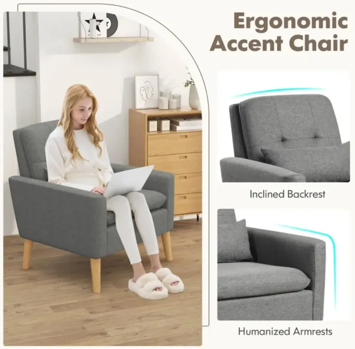 Hivvago Accent Chair with Lumbar Pillow  Natural Rubber Wood Legs  Padded Cushions