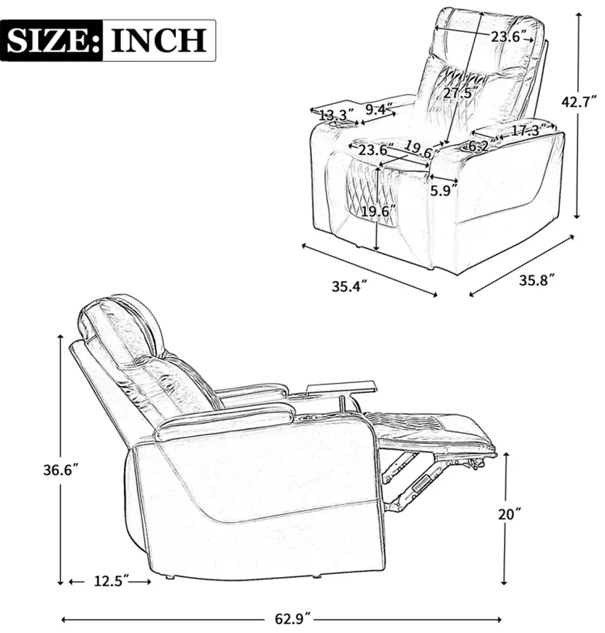 Power Motion Recliner with USB Charging Port and Hidden Arm Storage 2 Convenient Cup Holders Design and 360  Swivel Tray Table, Black