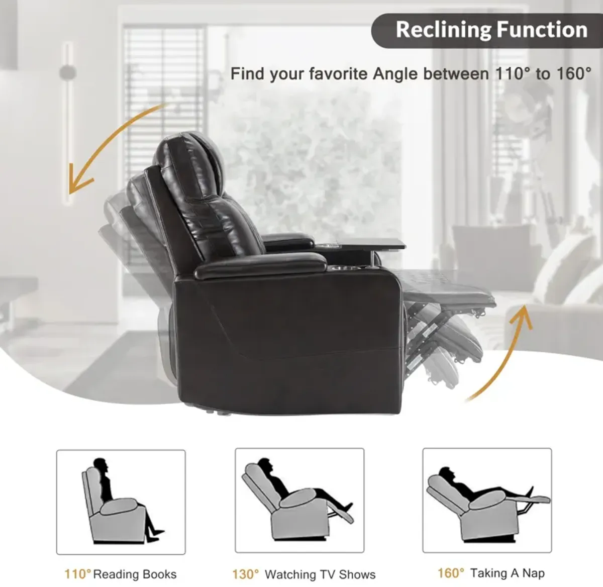 Power Motion Recliner with USB Charging Port and Hidden Arm Storage 2 Convenient Cup Holders Design and 360  Swivel Tray Table, Black