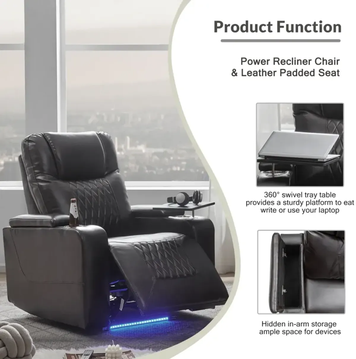 Power Motion Recliner with USB Charging Port and Hidden Arm Storage 2 Convenient Cup Holders Design and 360  Swivel Tray Table, Black