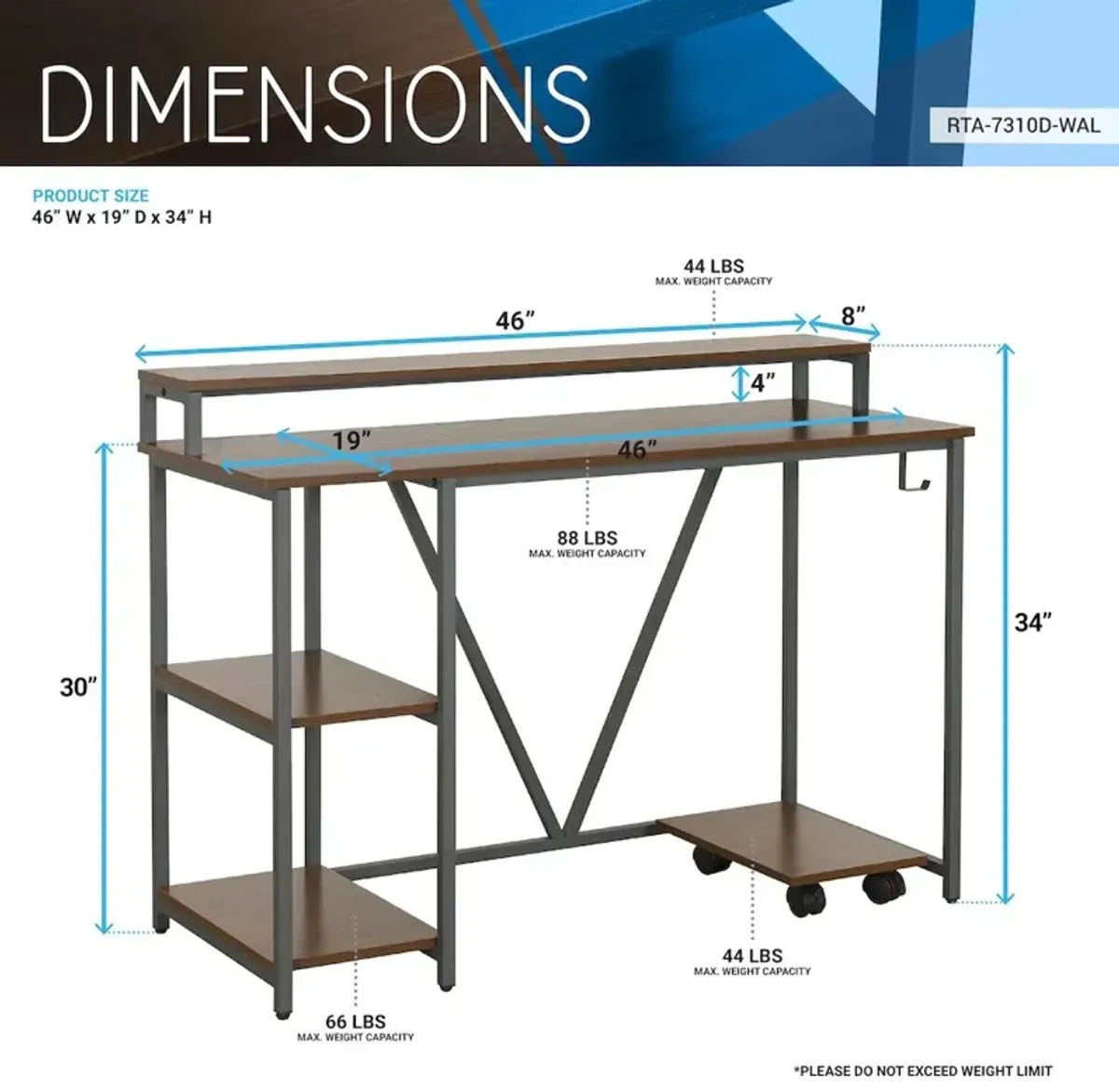 Techni Mobili Industrial Writing Desk, Walnut