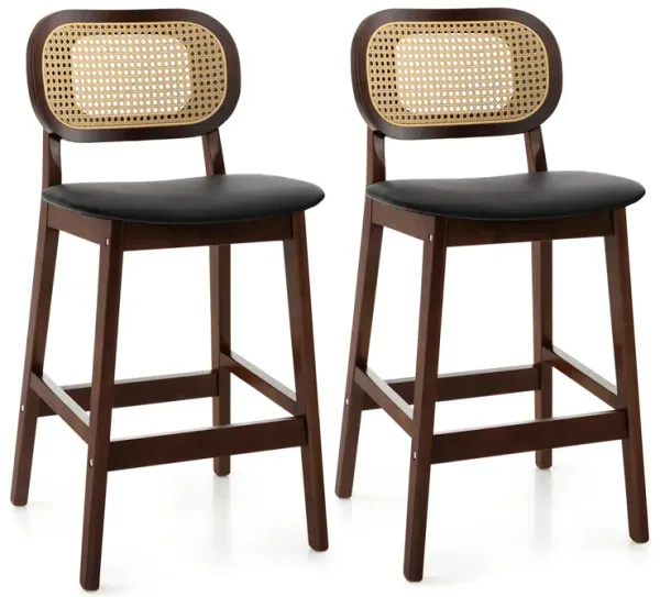 Wood Bar Chairs with PE Rattan Backrest  Padded Seat and Footrest-Brown